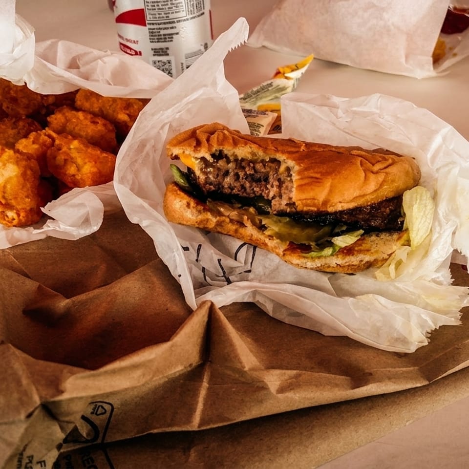 A half-eaten burger and tater tots in paper bags on a table, ready for takeout.