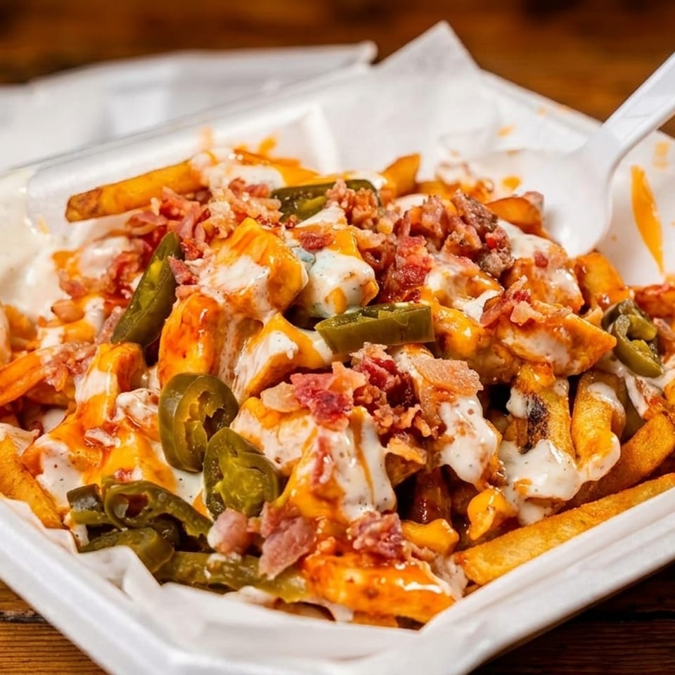 Loaded fries with chicken, bacon, jalapeños, and white sauce in a takeout container.