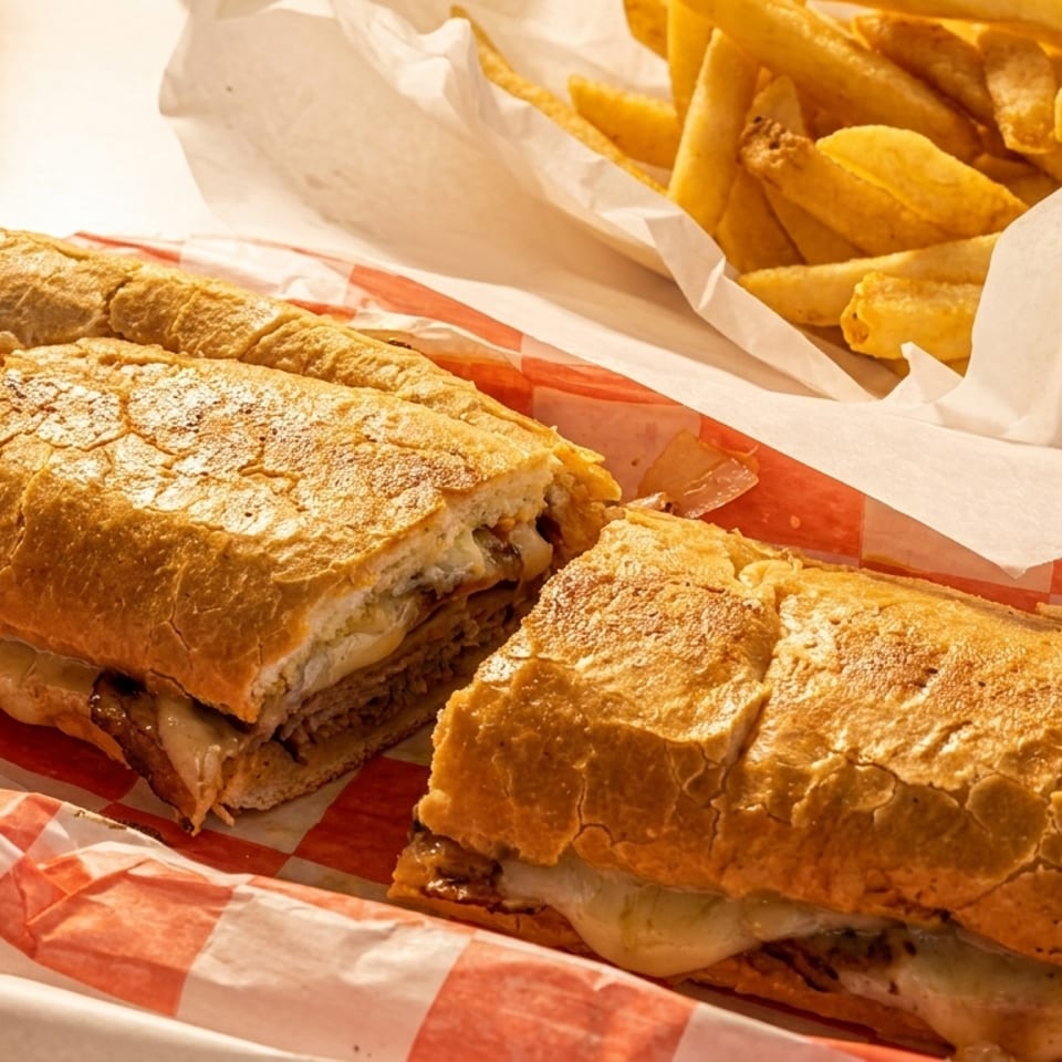 A sliced cheesesteak sandwich with melted cheese and a side of golden fries in paper-lined baskets.