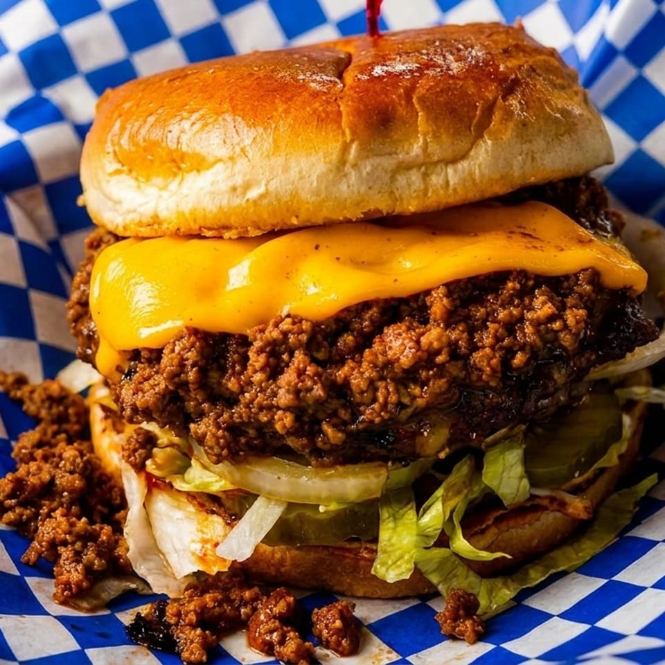 A sloppy joe with melted cheese, onions, lettuce, and pickles, served in blue and white checkered paper.
