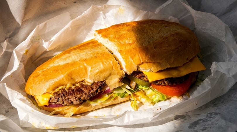 A large, sliced cheeseburger sub sandwich with lettuce, tomato, and pickles, wrapped in white paper.