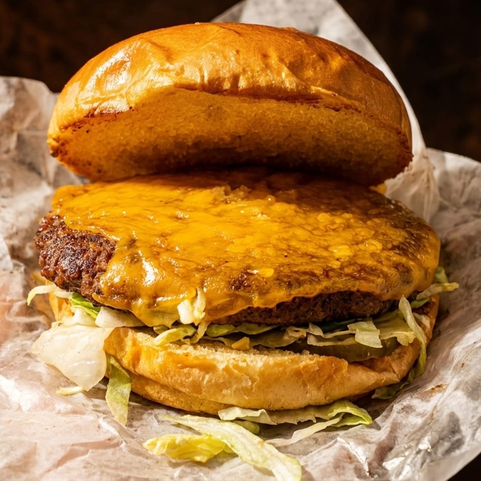 Cheeseburger with melted cheese, lettuce, and a toasted bun, served in white paper.