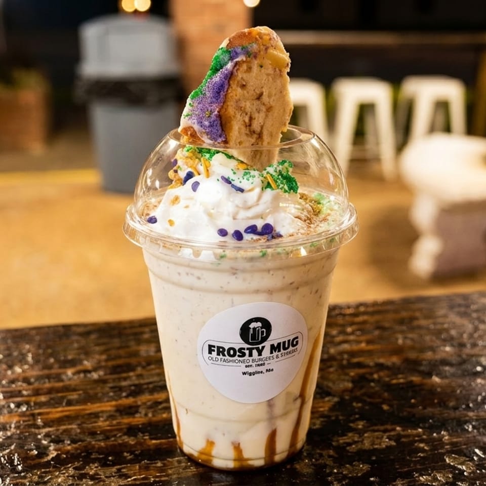 A Frosty Mug King Cake milkshake with whipped cream and sprinkles, topped with a slice of King Cake.