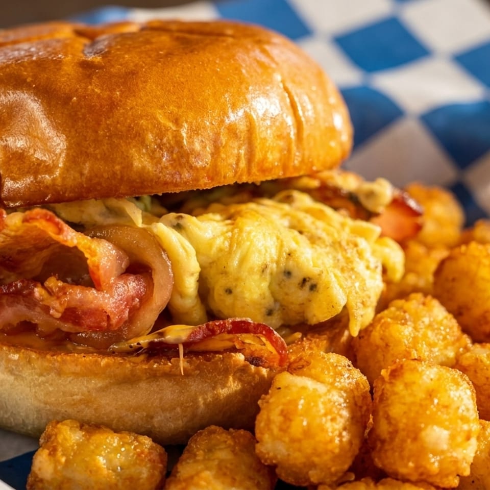 A breakfast sandwich with bacon and scrambled eggs, served with crispy tater tots in a checkered basket.